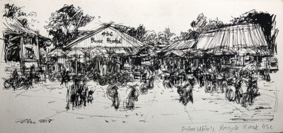 Bicycle kiosk in Pulau Ubin, Singapore , 18 x 38cm, Ink and pencil on paper, 2018