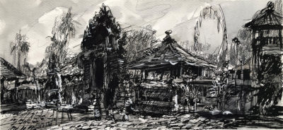 Family Temple in Ubub no.1, Bali Island , 17 x 37cm, Ink, pencil and wash on paper, 2016