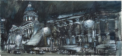 Night view of National Gallery Singapore. 17 x 37cm, Ink and wash on paper, 2016