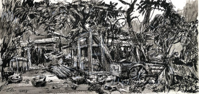 Rustic Barn with Bicycle in Pulau Ubin , 18 x 38cm, Ink, pencil and wash on paper, 2018