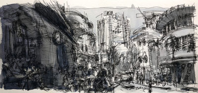 Street Scene of Tiong Bahru Market , 18 x 38cm, Ink and wash on paper, 2018