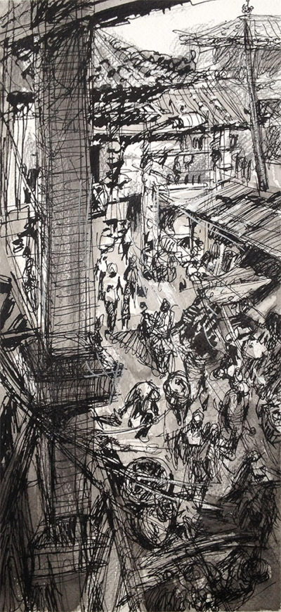 Tegahlalang Wet Market no.4, Bali. 37 x17cm, Ink and wash on paper, 2016