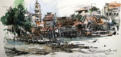 View from Chew Kongsi, Penang , 18 x 38cm, Ink and wash on paper, 2017