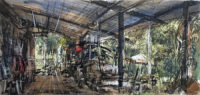 View of Kampong House in Pulau Ubin, Singapore no.2. 18 x 38cm, Ink and wash on paper, 2018